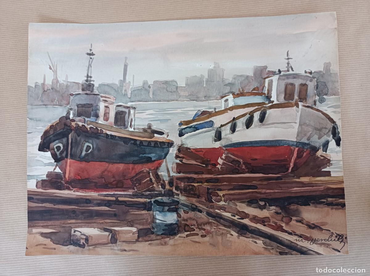 Arte: ACUARELA SOBRE PAPEL 32 x 24 cms. DOS BARCOS EN EL DIQUE SECO MIGUEL MARTINEZ VERCHILI