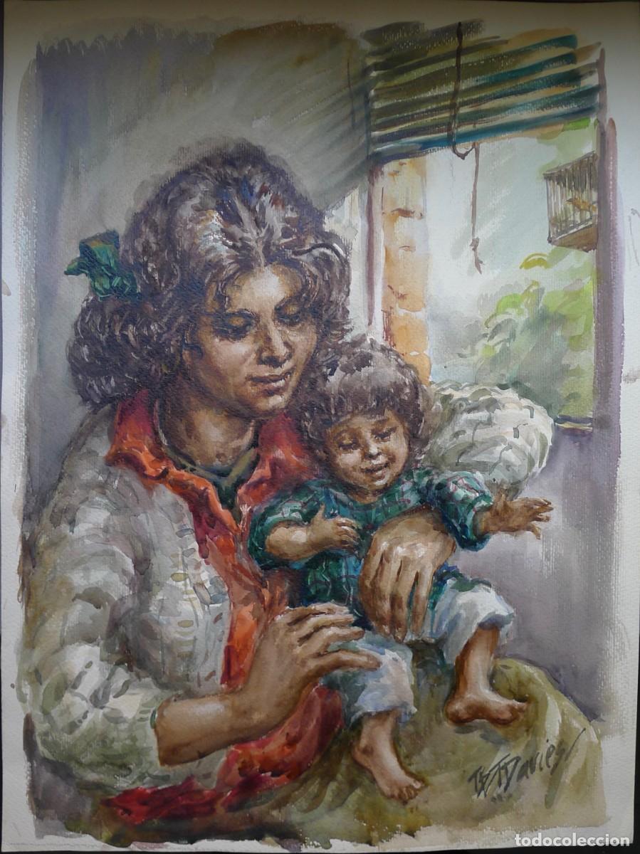 Arte: B.V.T. DAVIES - (Southport 1916 - Tarragona 1997) Acuarela retrato original mujer con ni&ntilde;o