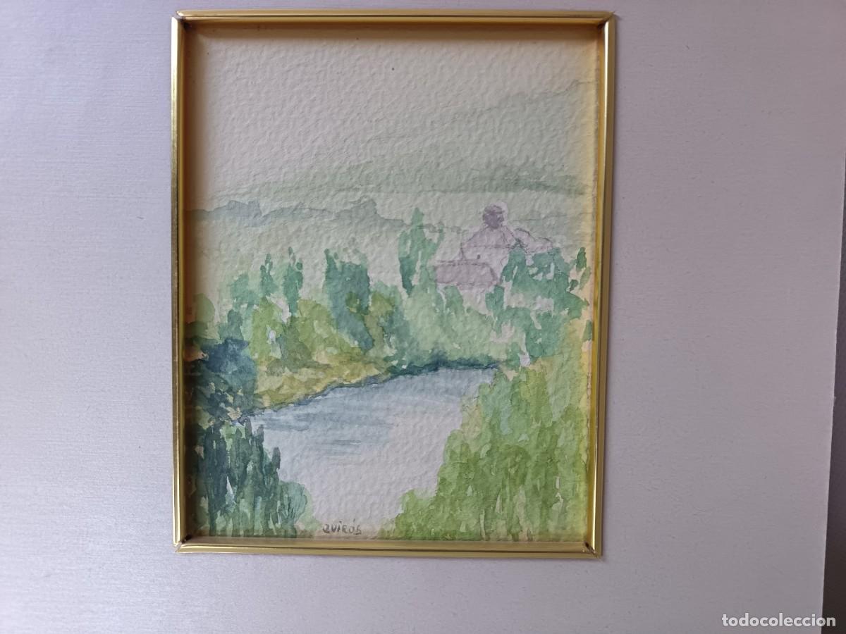 Arte: Acuarela Original, paisaje rural, r&iacute;o, firmado Quir&oacute;s, con marco de cart&oacute;n o paspart&uacute;