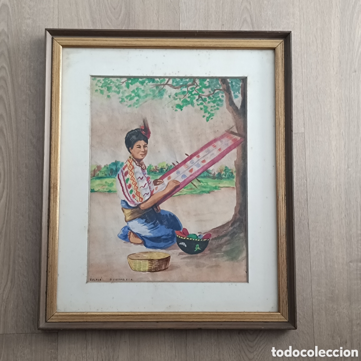 Arte: Acuarela mujer tejiendo, Guatemala.