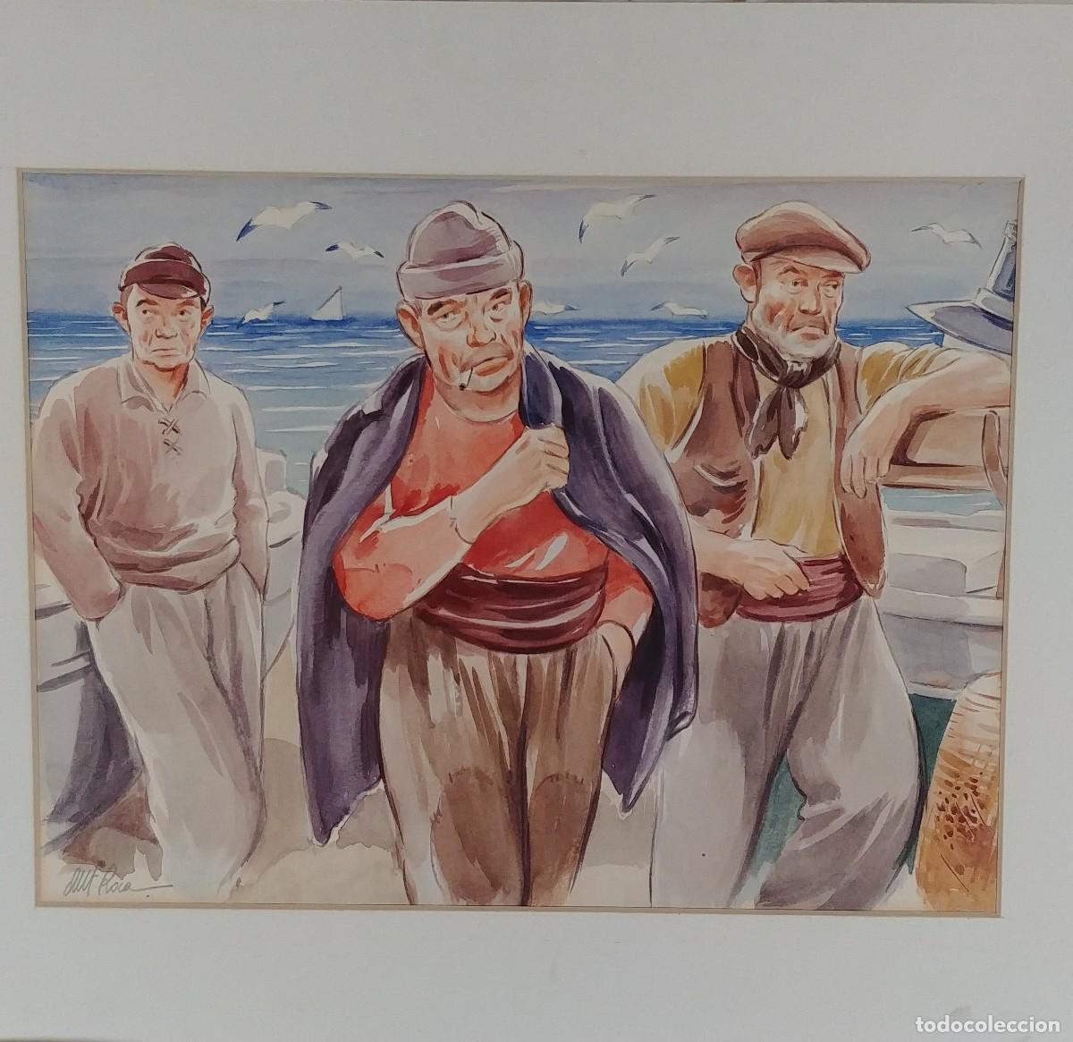 Kunst: Lote de tres acuarelas Albert Roca, pescadores