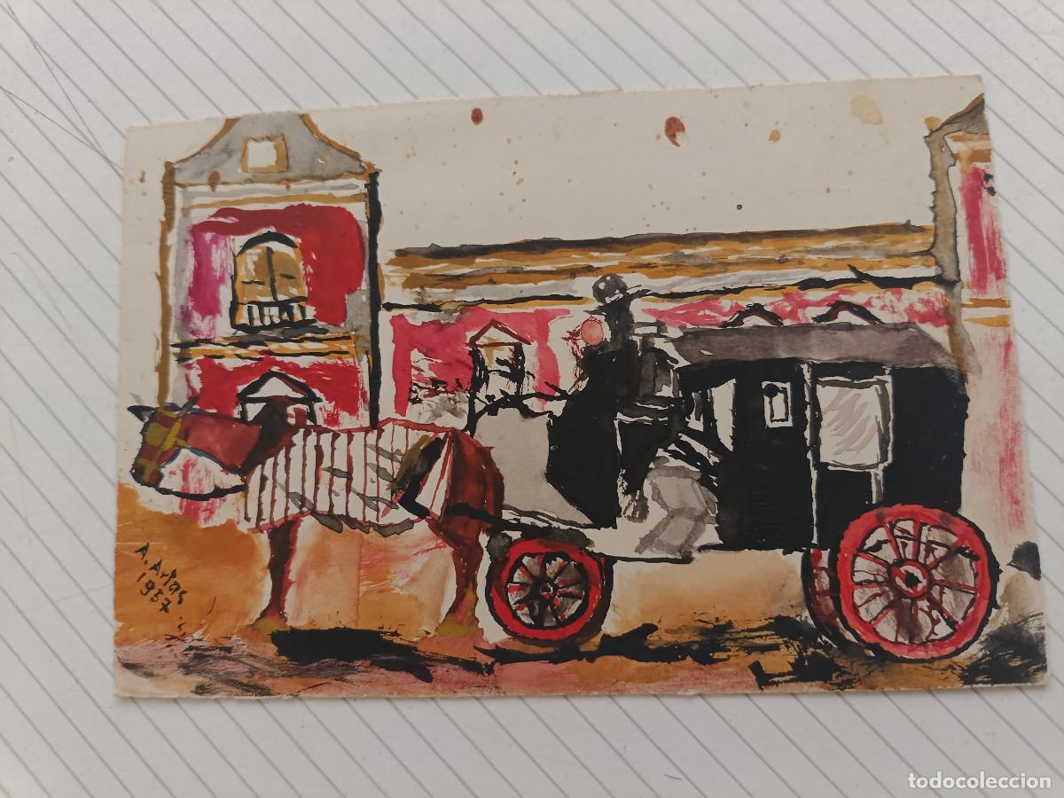 Arte: Ilustrador A. Artas. Peque&ntilde;a pintura dedicada por el autor, 1957, Madrid
