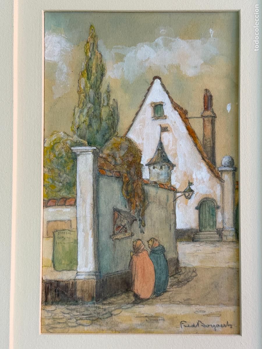 Arte: Pintura original del pintor flamenco Fred Bogaerts , gouache, acuarela , B&eacute;lgica , R737