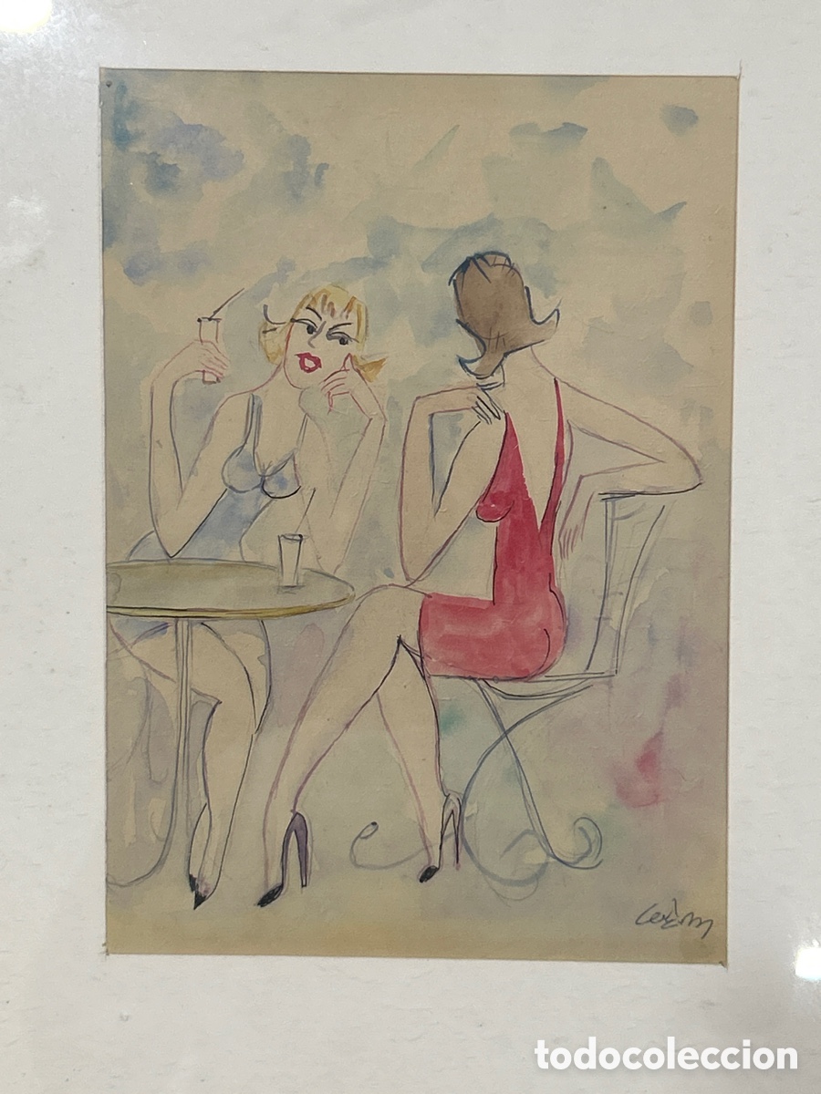 Arte: CONVERSACI&Oacute;N EN EL CAF&Eacute; TINTA Y ACUARELA SOBRE PAPEL - CELSO LAGAR