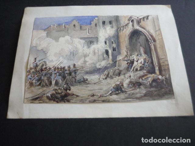Arte: ESCENA LUCHA GUERRA DE LA INDEPENDENCIA ANTIGUA ACUARELA 13,5 X 19 CM