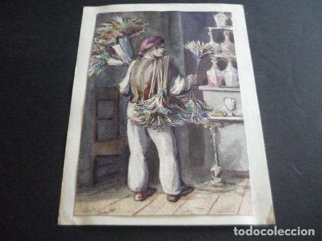 Arte: VENDEDOR DE PLUMEROS ANTIGUA ACUARELA 14,5 X 21 CM