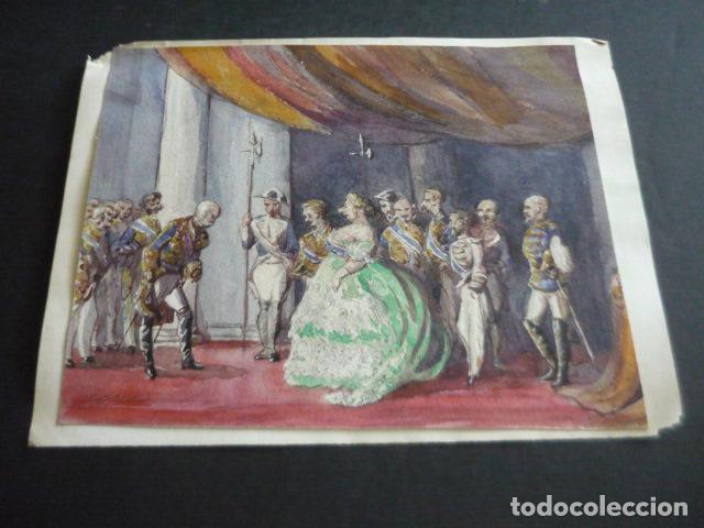 Arte: ESCENA EN LA CORTE DE ISABEL II ANTIGUA ACUARELA 16,5 X 20 CM