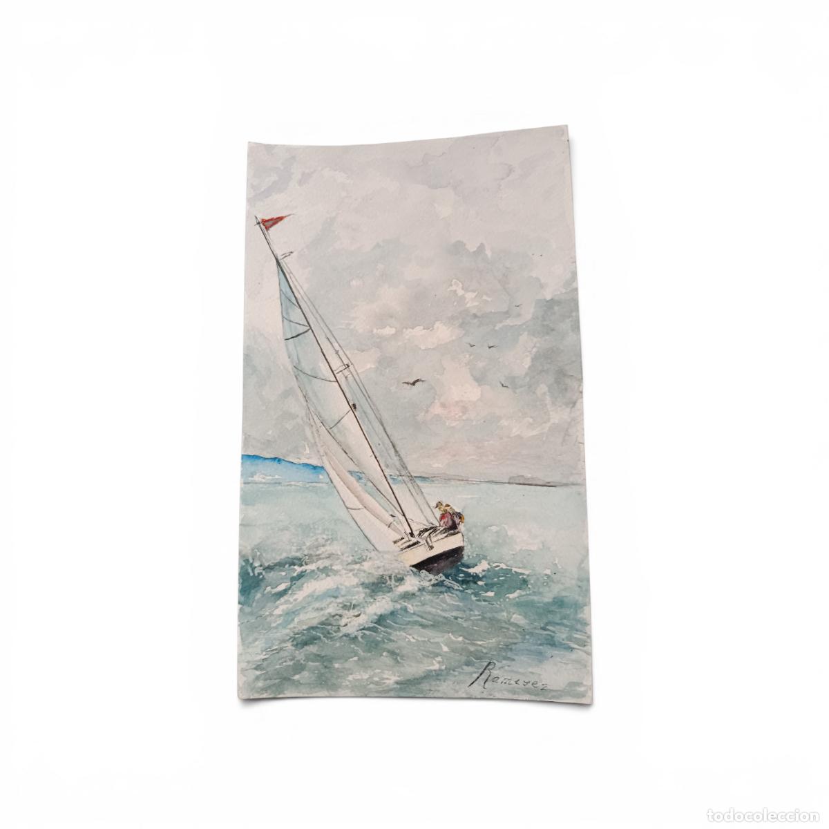 Arte: Acuarela original firmada Mar&iacute;a Antonia Ram&iacute;rez &ndash; Velero en mar abierto &ndash; 18x31 cm