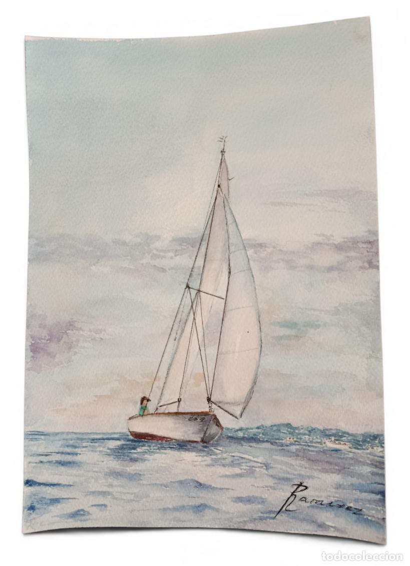 Arte: Acuarela original firmada Mar&iacute;a Antonia Ram&iacute;rez &ndash; Velero en mar abierto &ndash; 22x31 cm