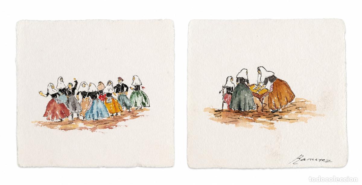 Arte: Lote 2 acuarelas originales firmadas Mar&iacute;a Antonia Ram&iacute;rez &ndash; Escenas tradicionales mallorquinas