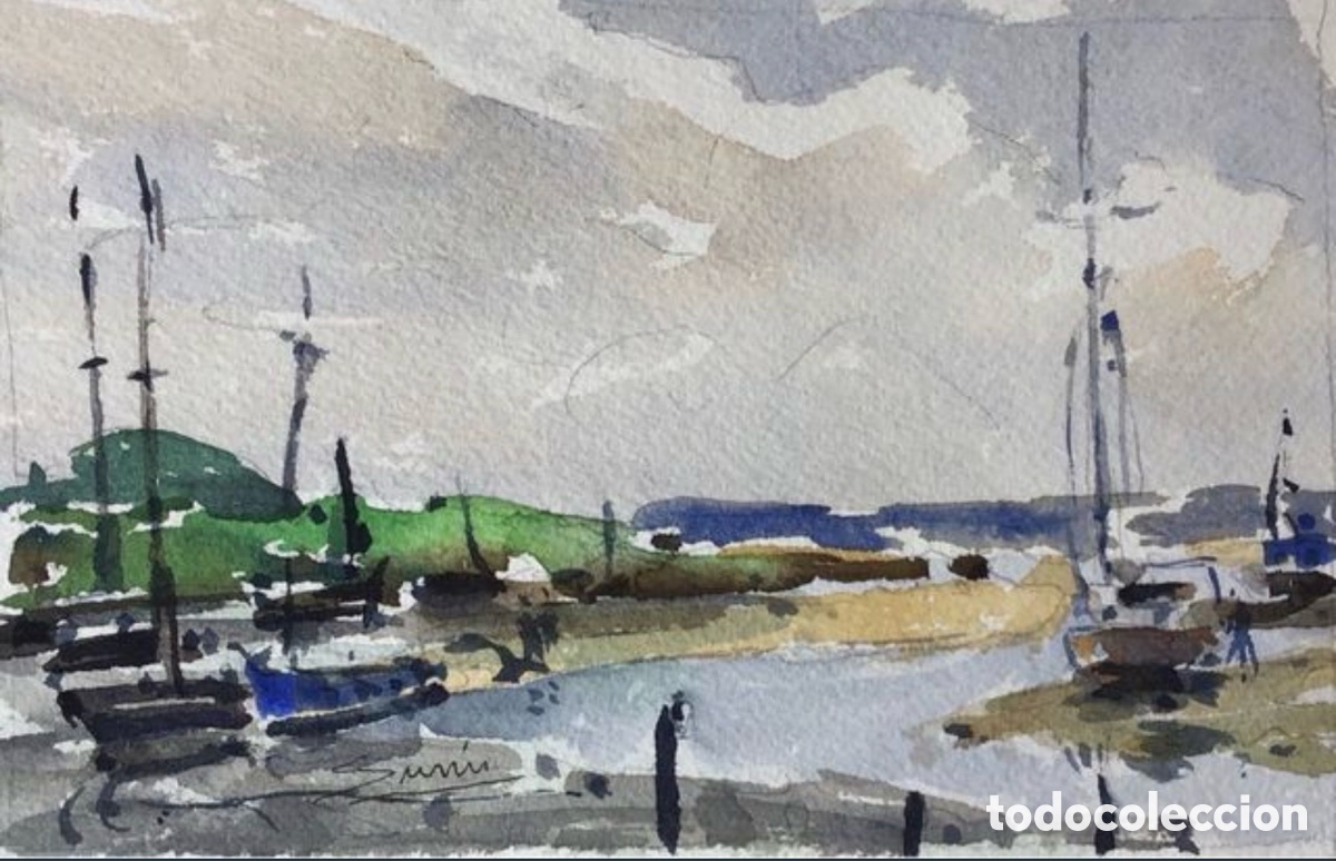 Arte: Acuarela. Demetrio Sus&iacute;n. Barcas 1. 11x17 cm.