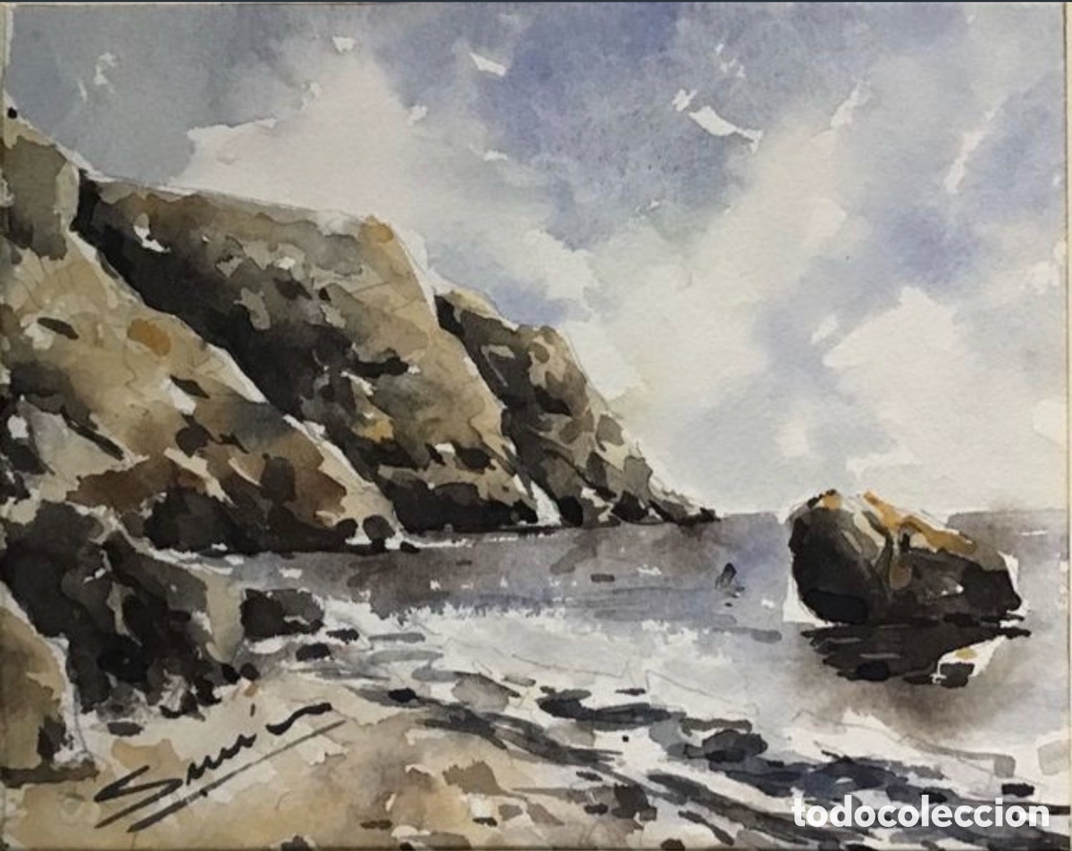 Arte: Acuarela original. Demetrio Sus&iacute;n. Rocas y playa. 16x20 cm.