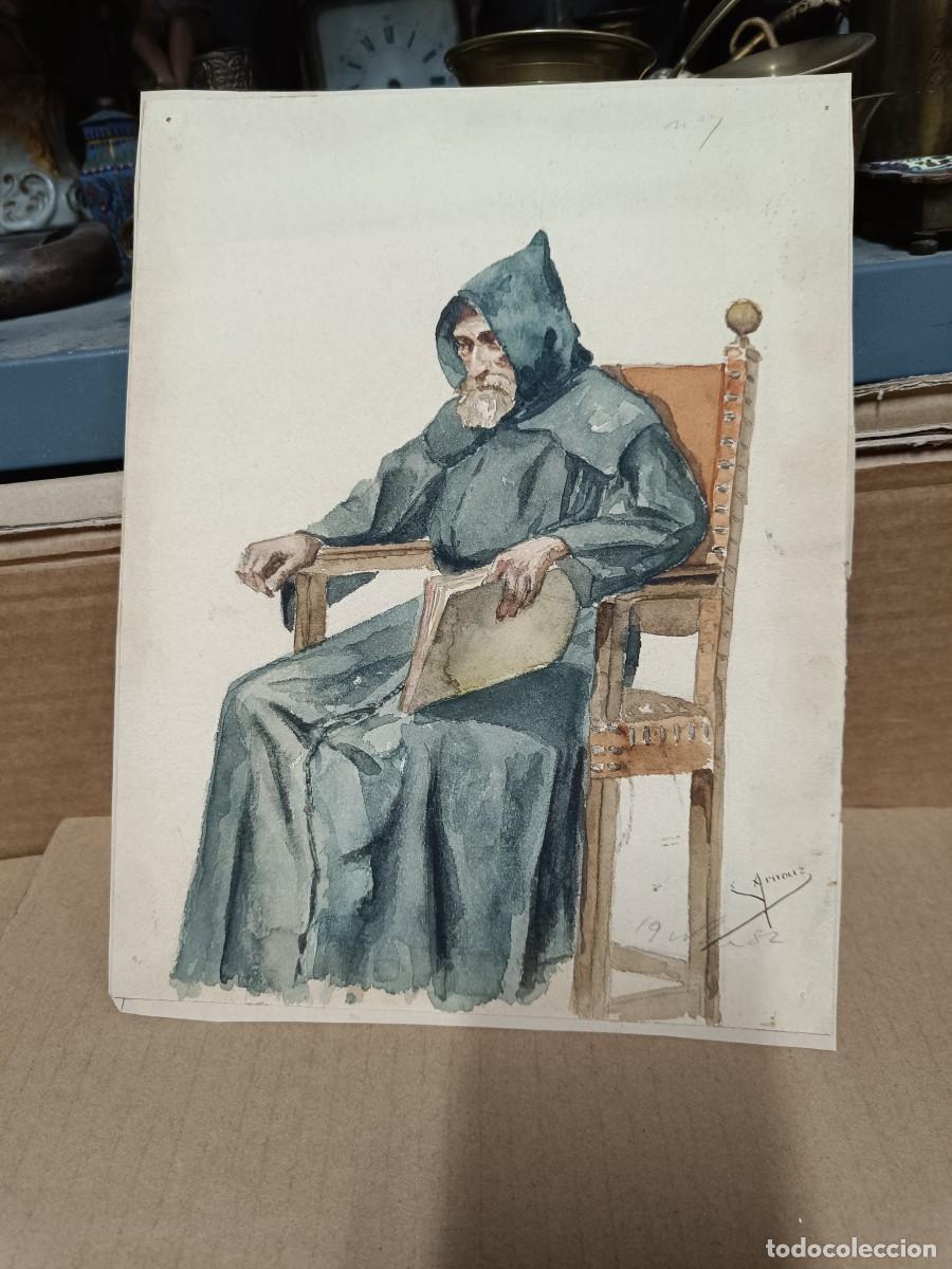 Arte: ANTIGUO DIBUJO ORIGINAL PINTADO, ACUARELA, MONJE, FIRMADO Y FECHADO -P25