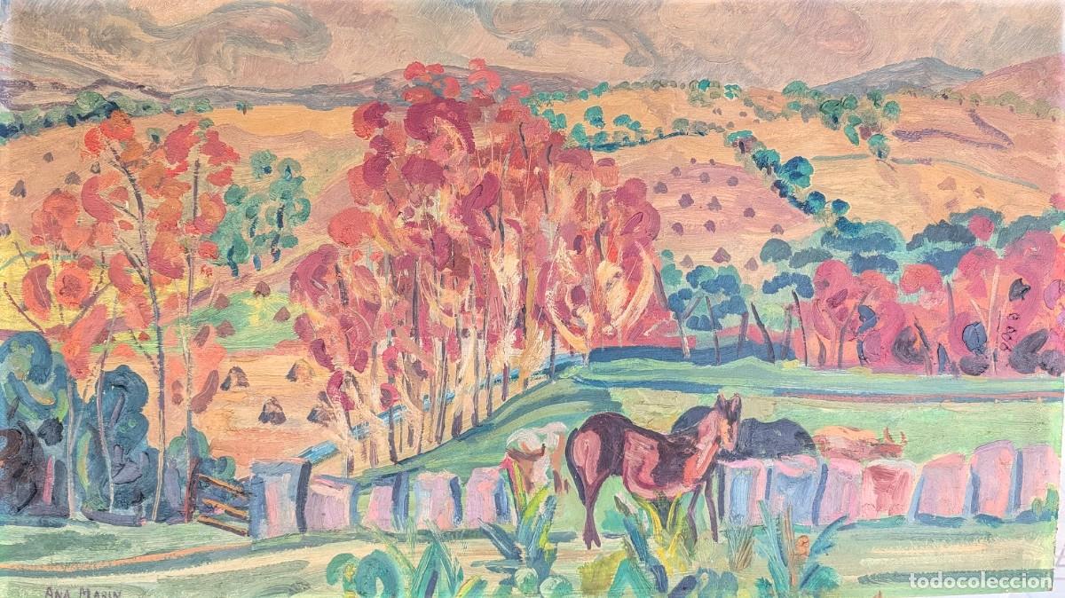 Arte: Excepcional Acuarela de Ana Mar&iacute;a Mar&iacute;n - Paisaje del Bazt&aacute;n con caballo central - 85x48cm