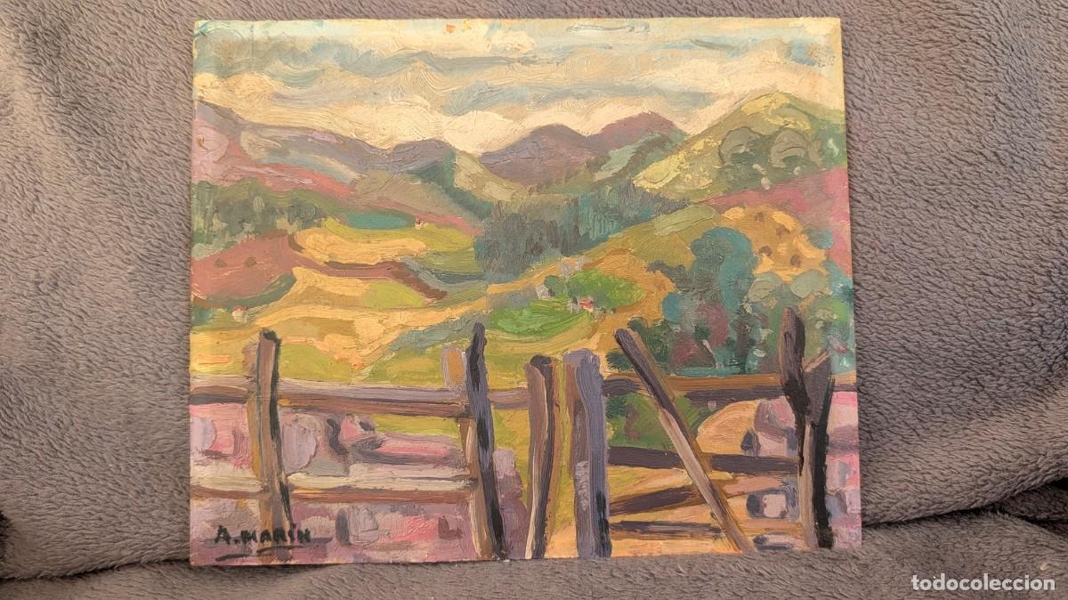 Arte: Acuarela Original de Ana Mar&iacute;a Mar&iacute;n - Cerca de madera y paisaje difuminado del Bazt&aacute;n al fondo