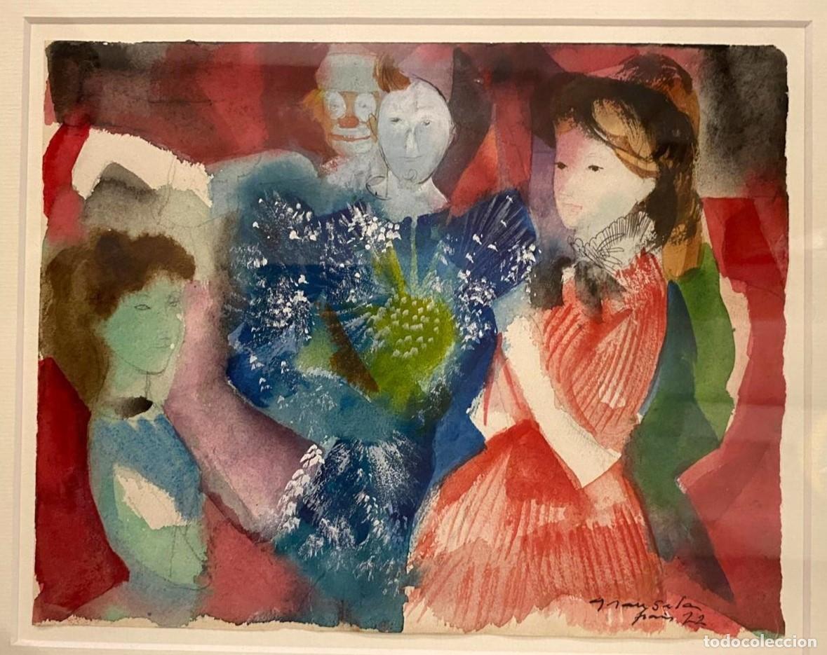 Arte: Emili Grau Sala, mujeres y pierrot, acuarela sobre papel, fechada y firmada, Par&iacute;s. 24x19cm