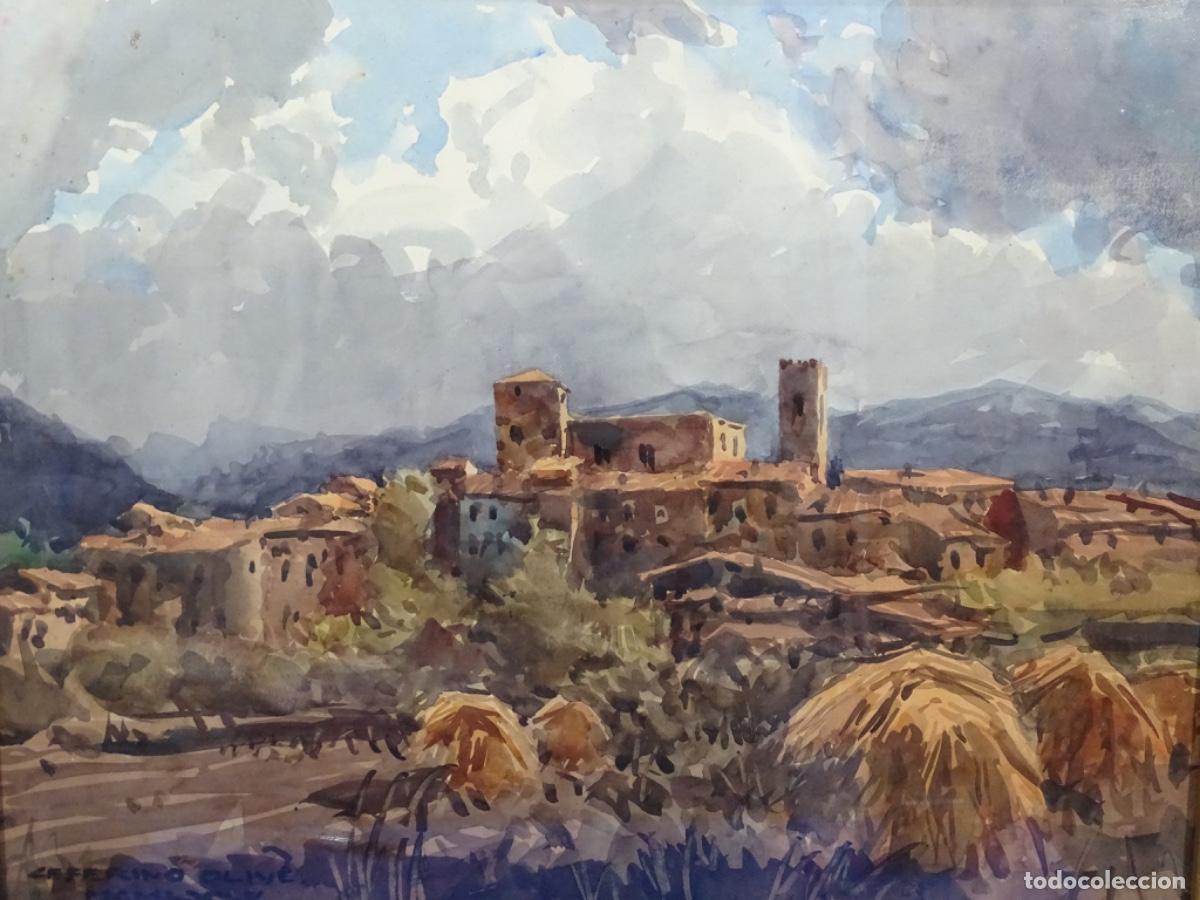 Arte: GRAN ACUARELA CEFERINO OLIVE 1975. PAISAJE PUEBLO POR DETERMINAR. D&Iacute;A TORMENTOSO.