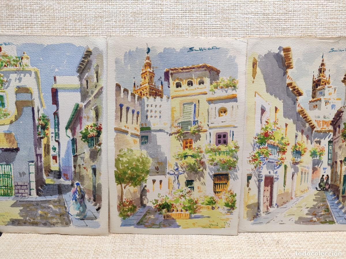 Arte: Lote 3 Acuarelas de escenas de Sevilla de Ortiz c.a. 1950