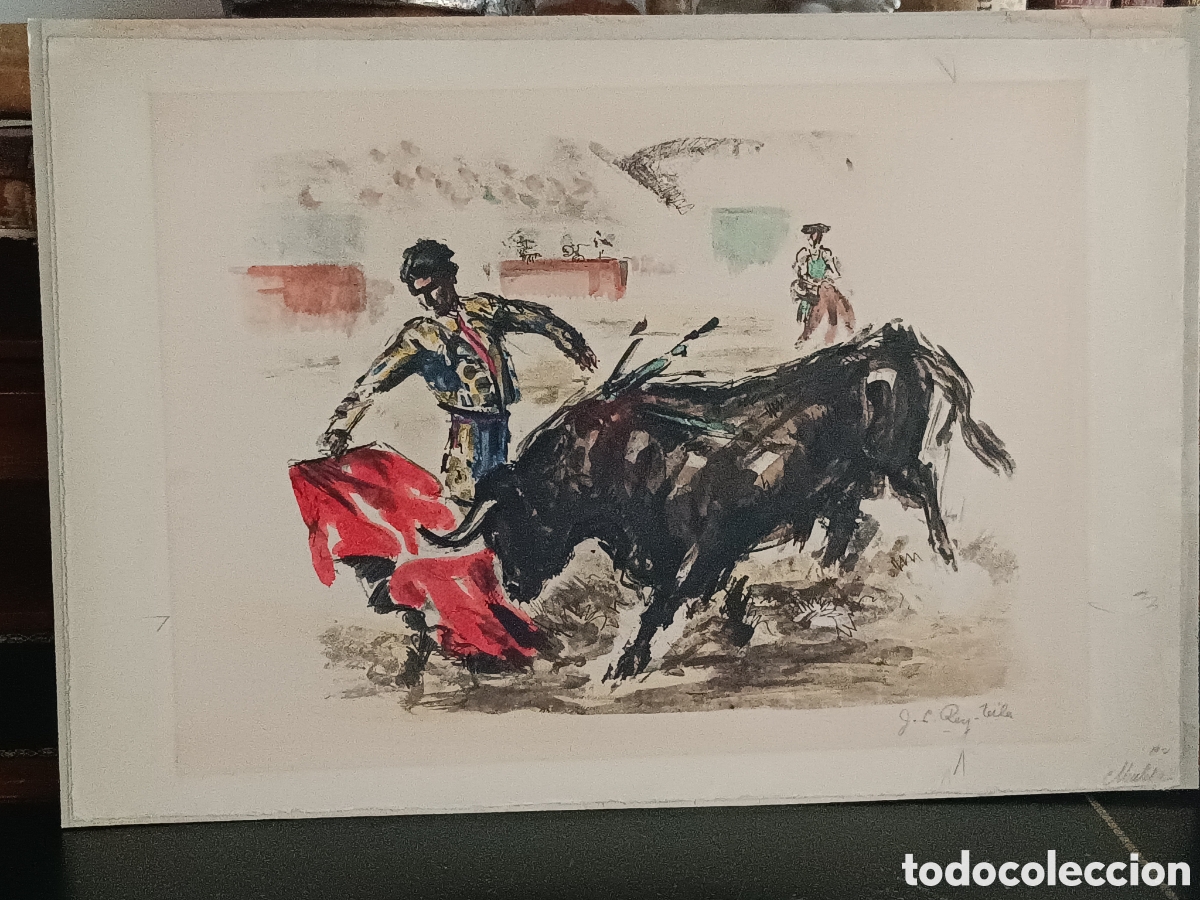 Arte: ACUARELA ORIGINAL CON FIRMA DEL PINTOR JOSE LUIS REY VIL&Aacute; SIM, CORRIDA TOROS SOBRE CARTON