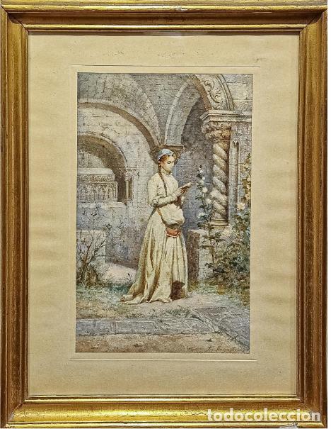 Arte: JOSEP MORAGAS POMAR (1873-1945). Mujer leyendo en claustro medieval. Acuarela, 1890