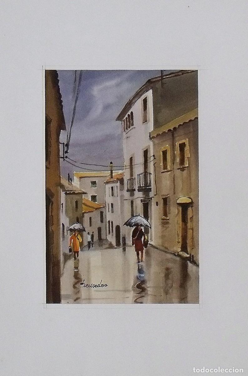 Arte: Beusedes o Bensedes. Acuarela sobre papel. &rdquo;La lluvia en el pueblo&rdquo;. Firmada a mano. 32x20 cm.