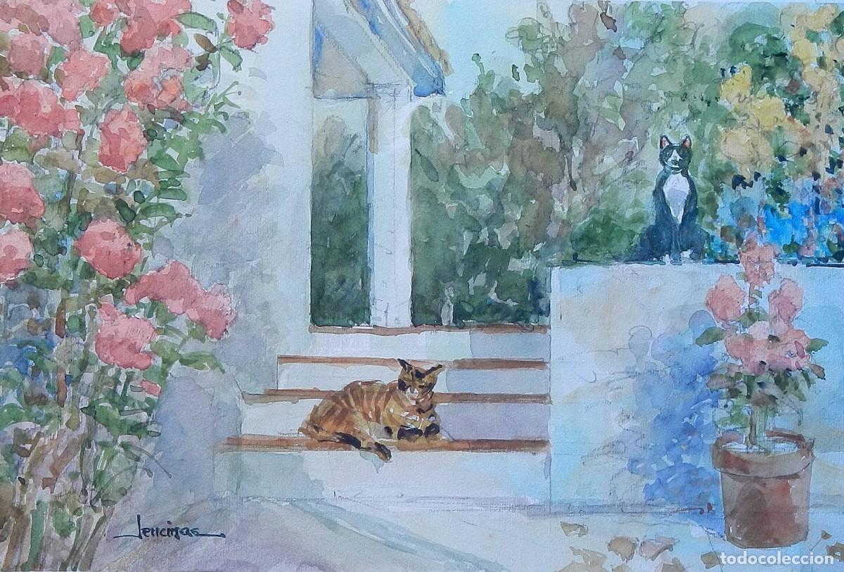 Arte: SUB_d73_25555 Carlos Enrique Lencinas G&oacute;mez. Acuarela sobre papel. &rdquo;Casa, gatos y flores&rdquo;. Firmado a