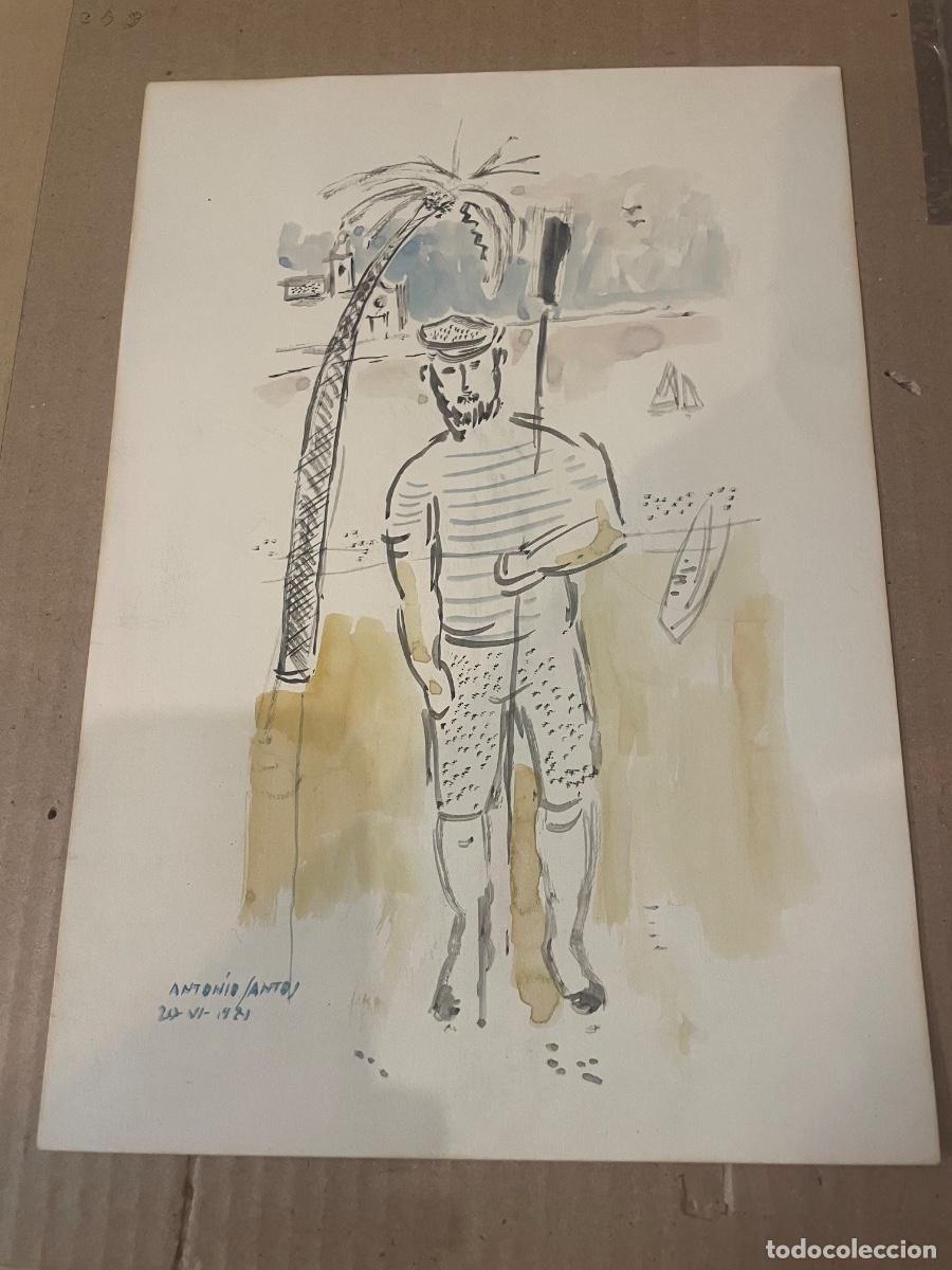 Arte: ANTONIO SANTOS (LUPI&Ntilde;EN HUESCA 1955) ANTIGUA ACURELA SOBRE PAPEL PESCADOR SITGES . FIRMADA ANTONIO