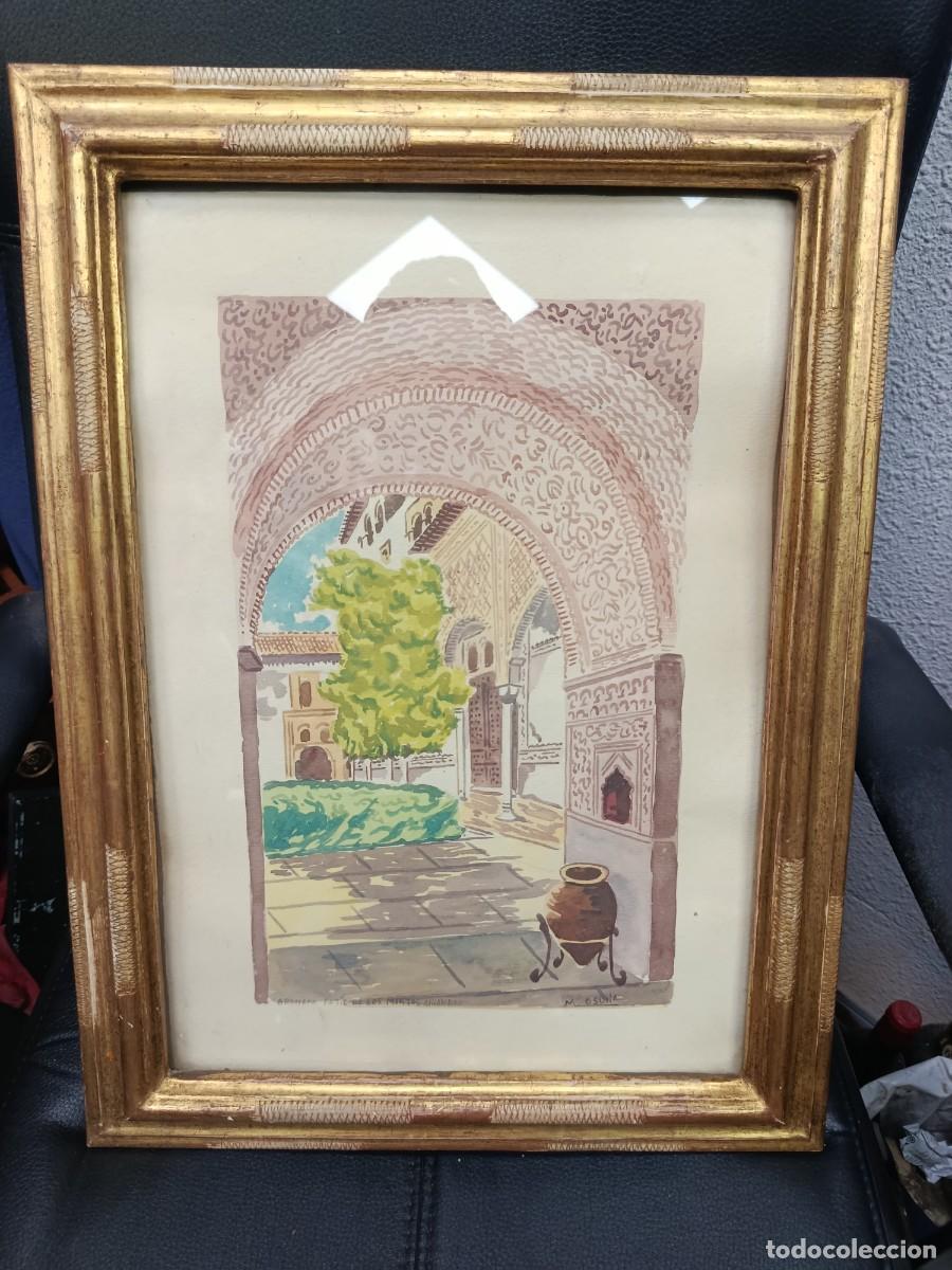 Arte: Preciosa acuarela antigua.El Patio de los Mirtos o los Arrayanes. La Alhambra. M.Osuna.