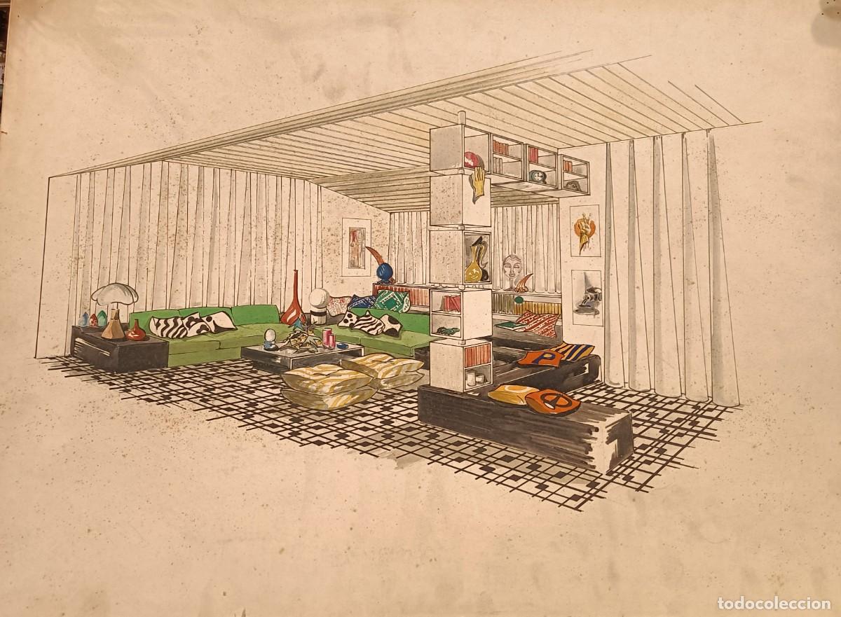 Arte: SALA DE ESTAR. ACUARELA. A&Ntilde;OS 70