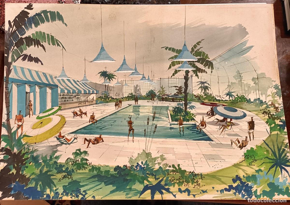 Arte: PROYECTO EXTERIORES PISCINA. ACUARELA. A&Ntilde;OS 70