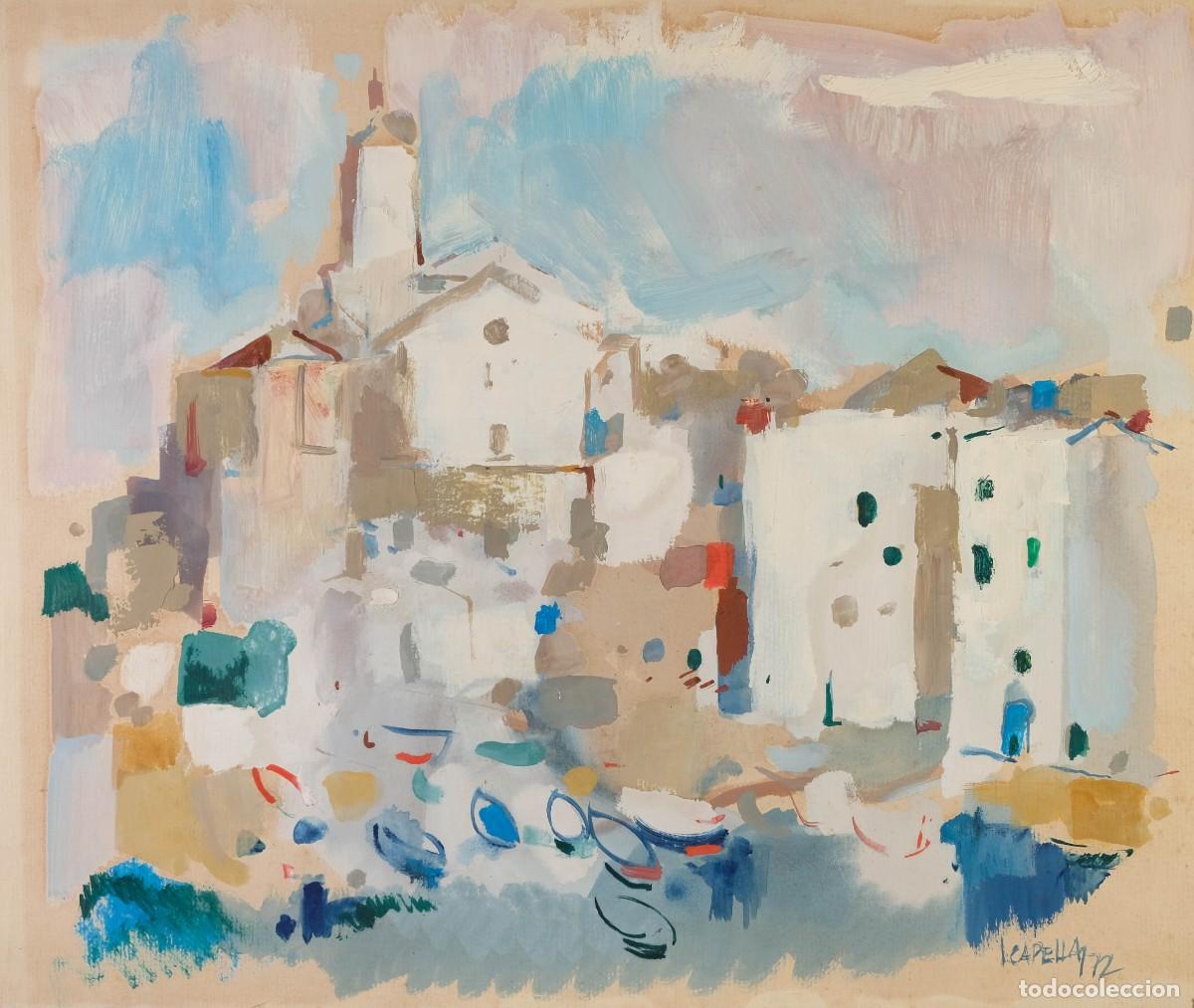 Arte: GOUACHE SOBRE PAPEL PUEBLO COSTERO FIRMADO Y FECHADO CAPELLAS 1972