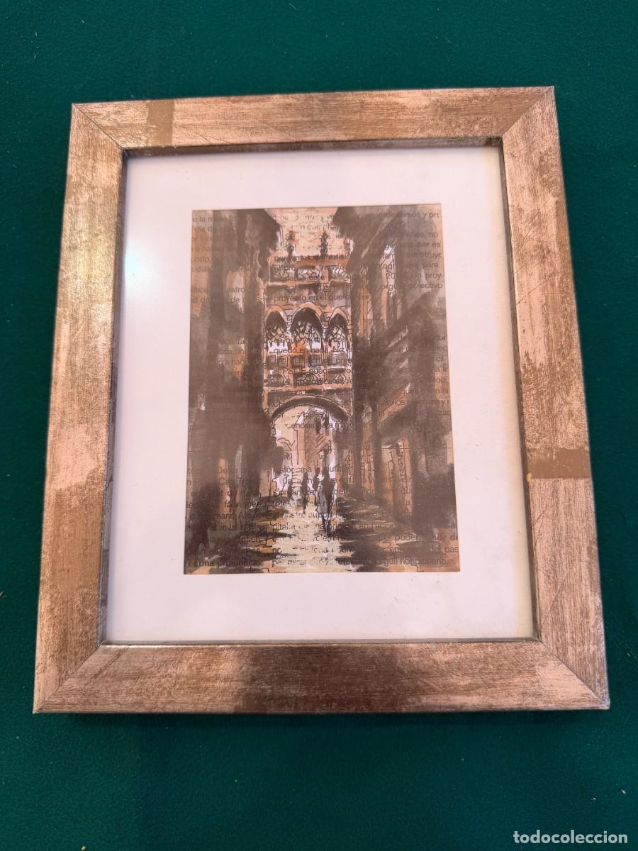 Arte: P- ACUARELA REALIZADA SOBRE PAPEL DE PERIODICO O TEXTO CALLE HISTORICA DE BARCELONA