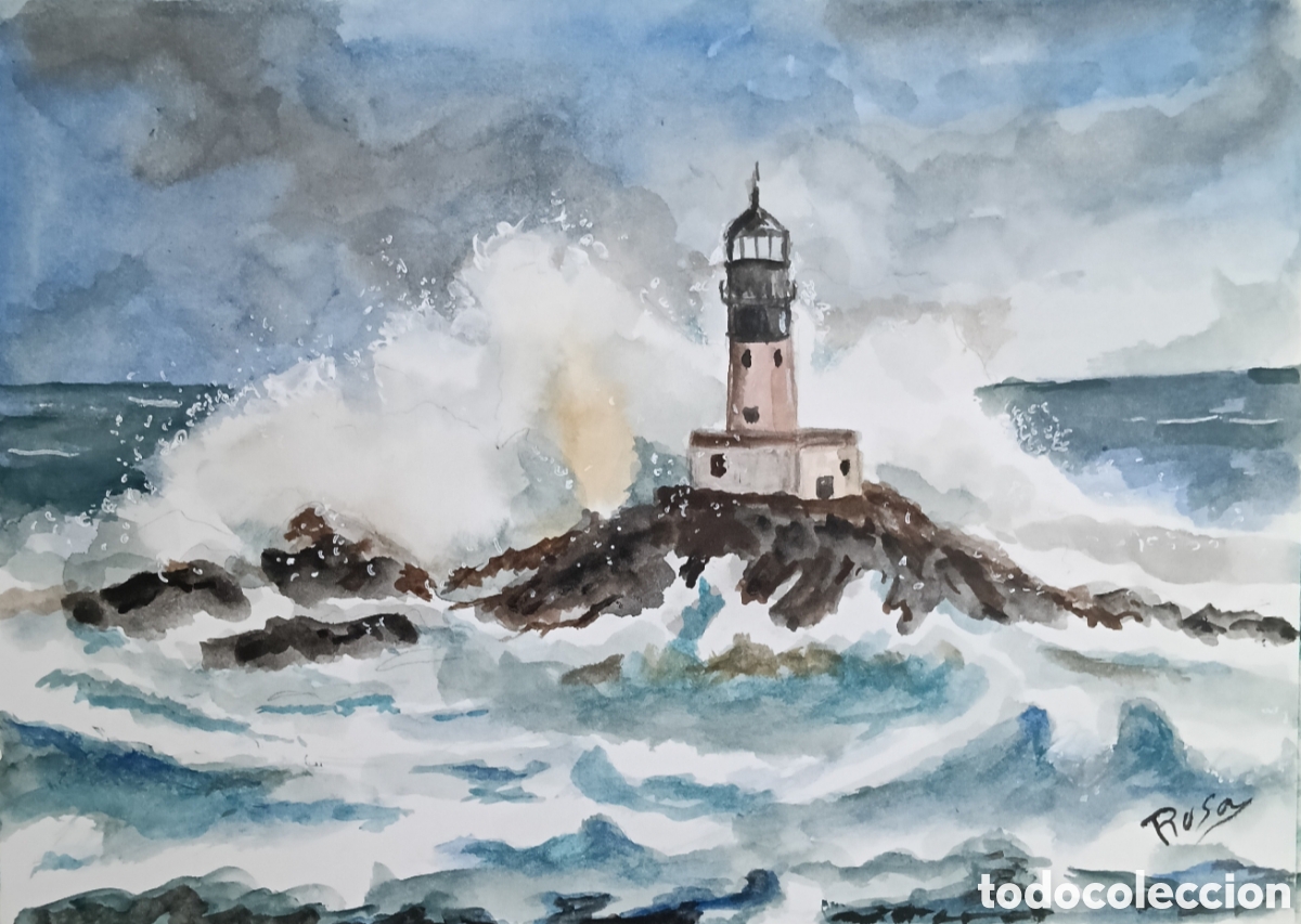Arte: Acuarela. Faro. Olas. Mar
