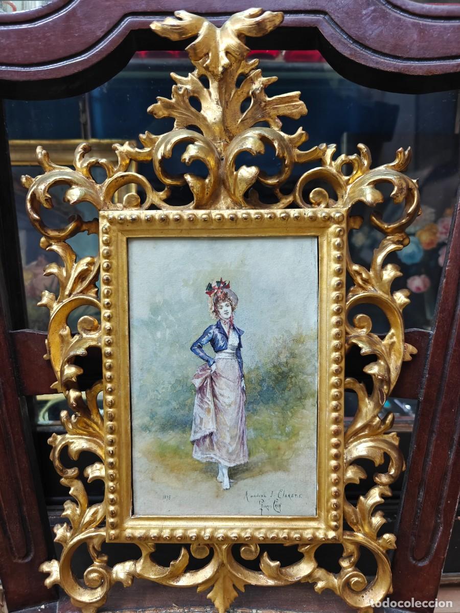 Arte: Acuarela Original Georges Cain (1893) - Dedicada a Madame Claretie. Magn&iacute;fico Marco Dorado &Eacute;poca