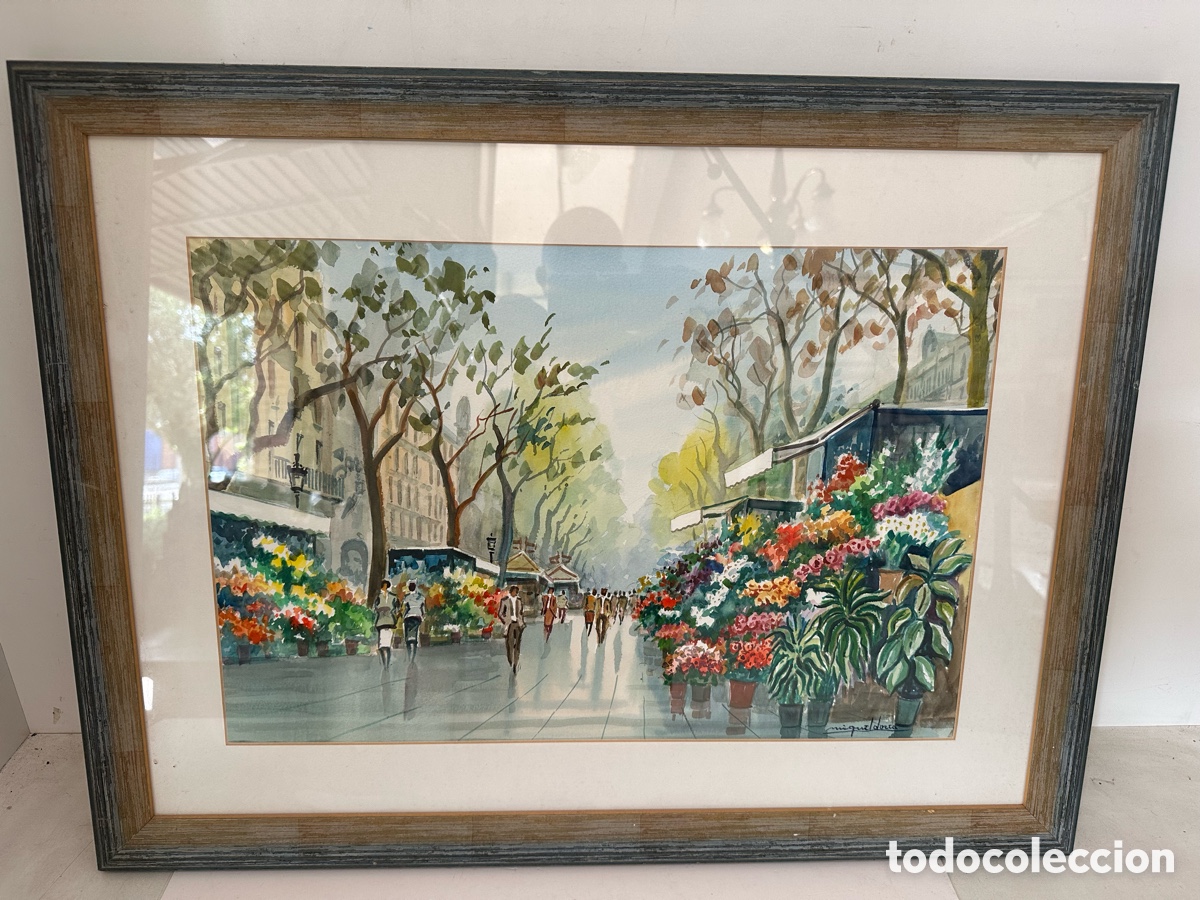 Arte: BONITA ACUARELA DEL PINTOR MIQUEL DORCA, RAMBLA DE BARCELONA. 76 X 58 CM.