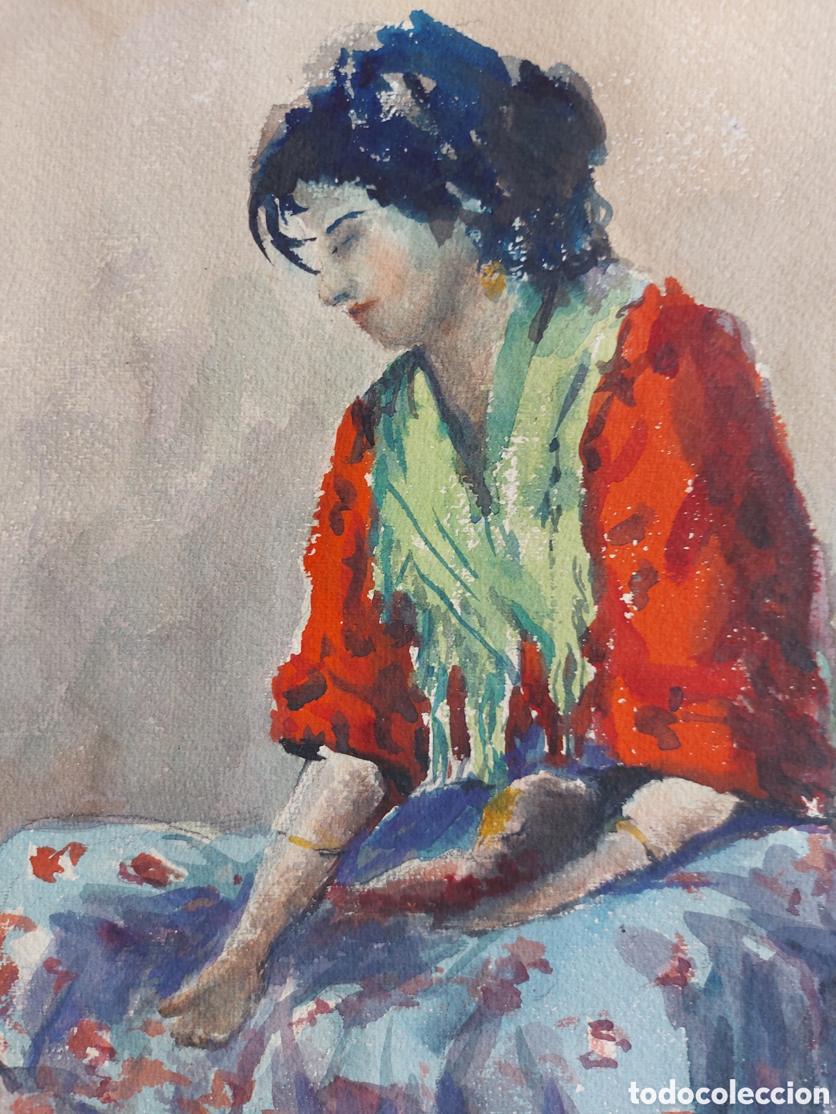 Arte: F. CABR&Eacute; &rdquo;MATERNIDAD GITANA PIDIENDO LIMOSNA&rdquo; ACUARELA EPOCA