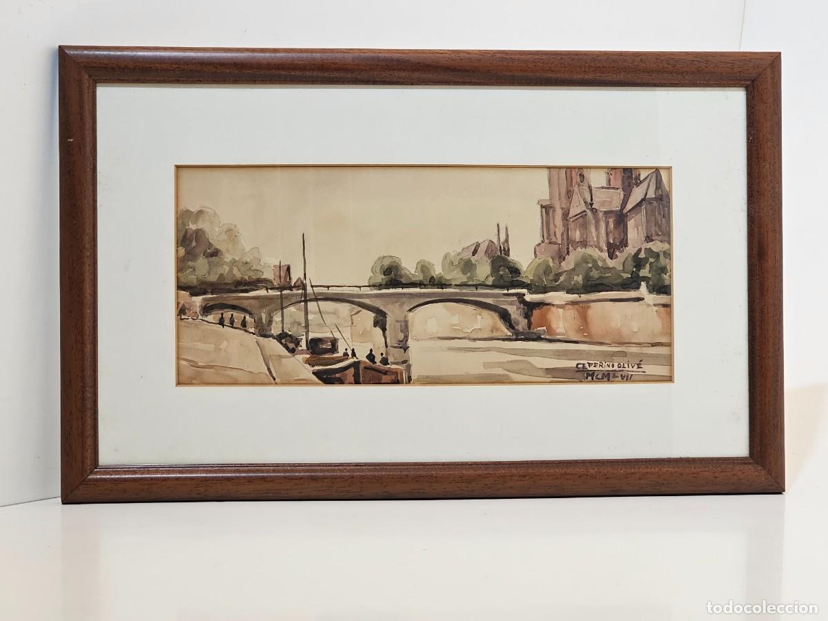 Arte: CEFERINO OLIV&Eacute;, (1907-1995), ACUARELA ORIGINAL CON VISTA DE NOTRE DAME PARIS, JUNTO AL SENA, (29X13)