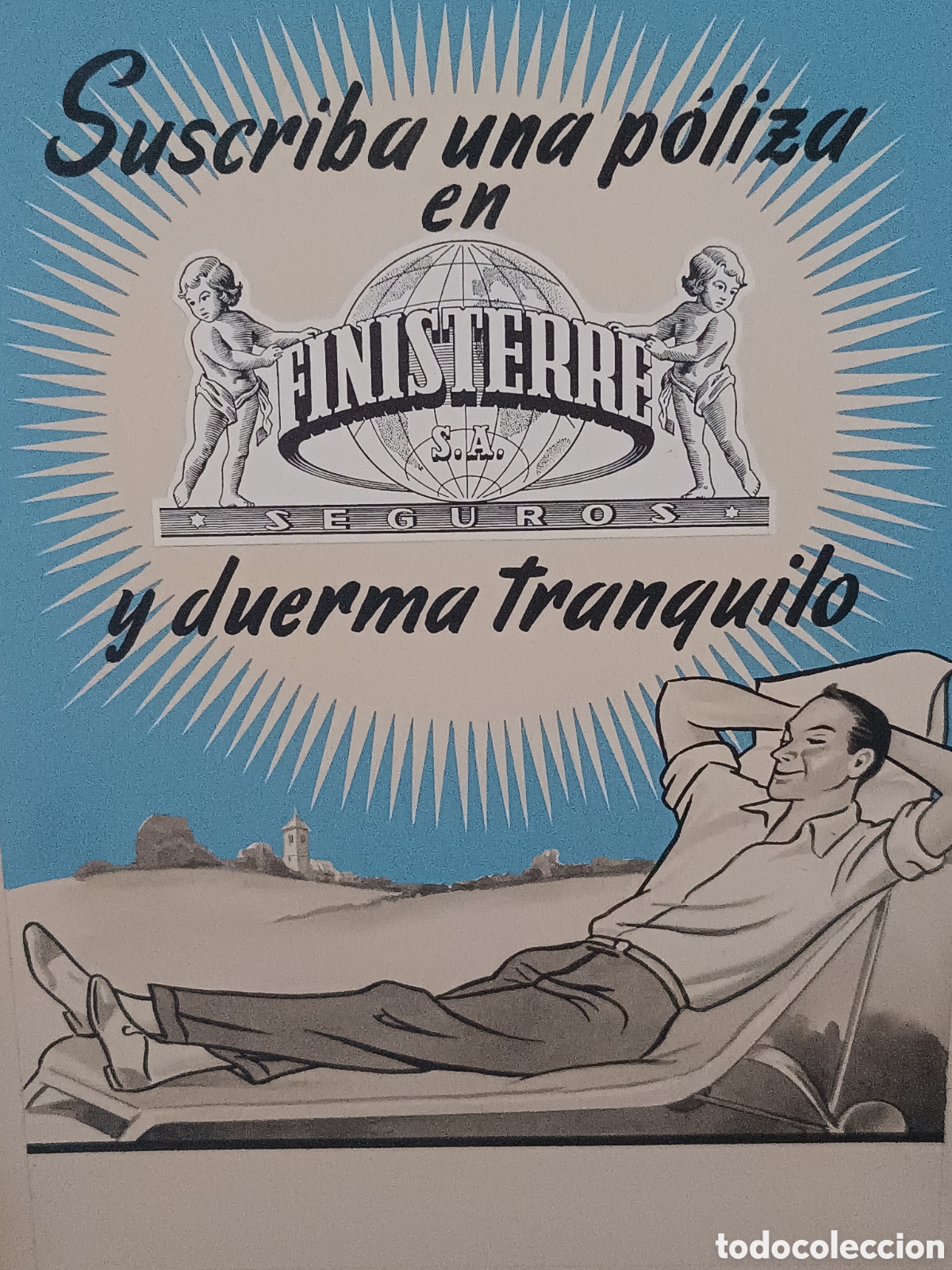 Arte: CARTEL DIBUJO ORIGINAL EN ACUARELA PUBLICIDAD SEGUROS FINISTERRE EN CART&Oacute;N.