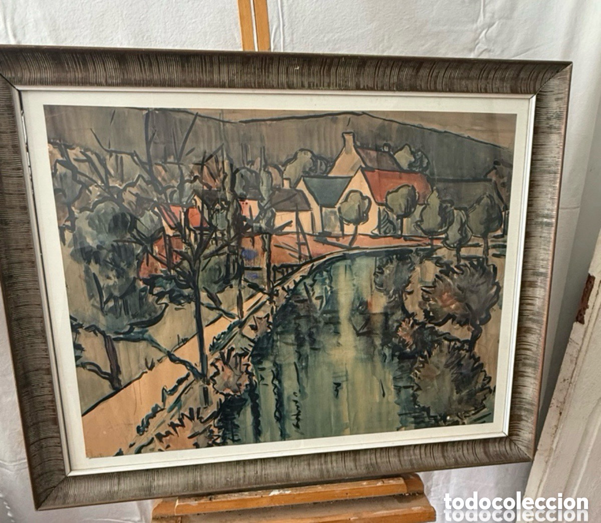 Arte: Paisaje fluvial expresi&oacute;n moderna obra sobre papel firmado bajo cristal (70X56cm).