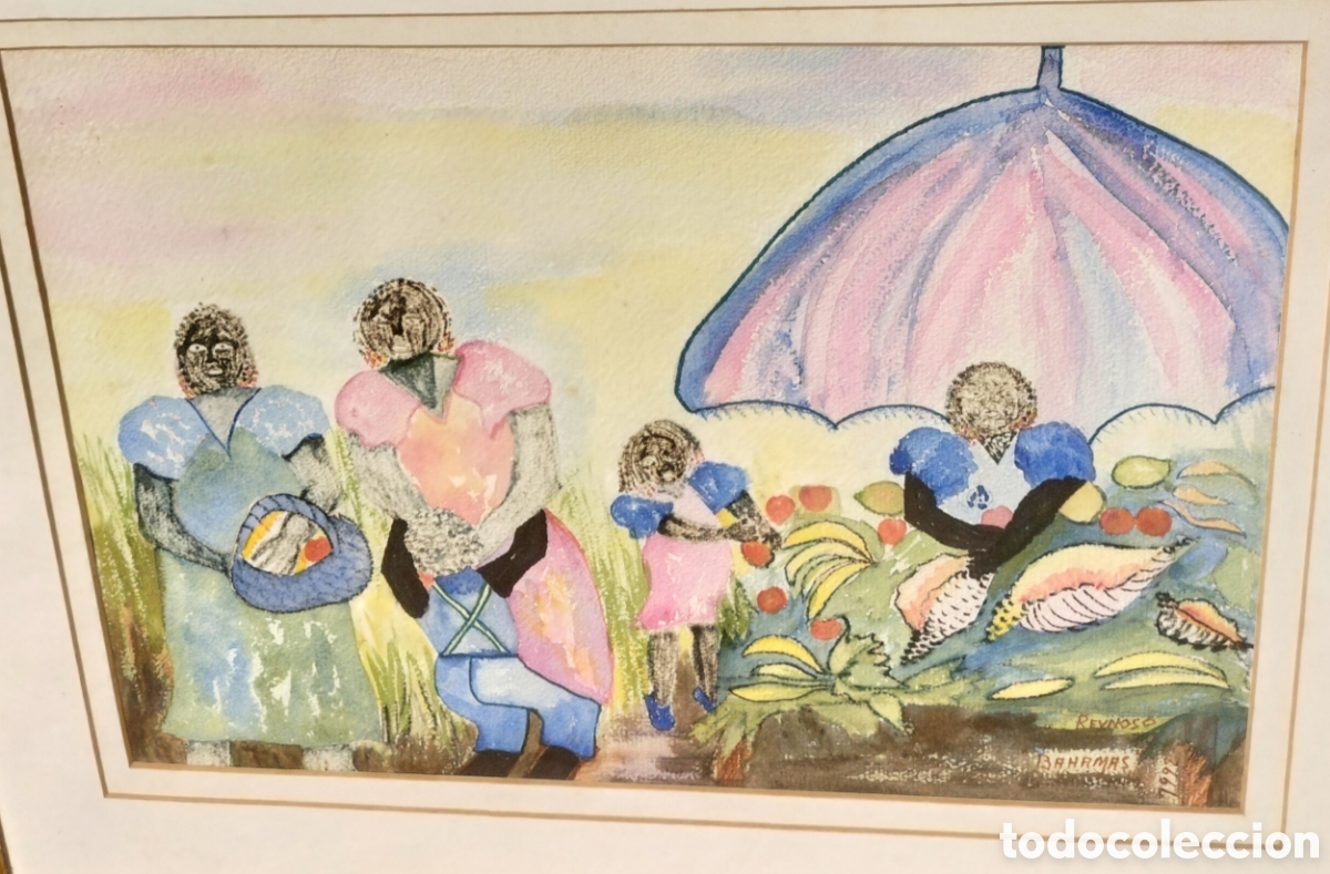 Arte: Matilde Reinoso acuarela &rdquo;Bahamas&rdquo; 79x44cm 1994 con marco acristalado