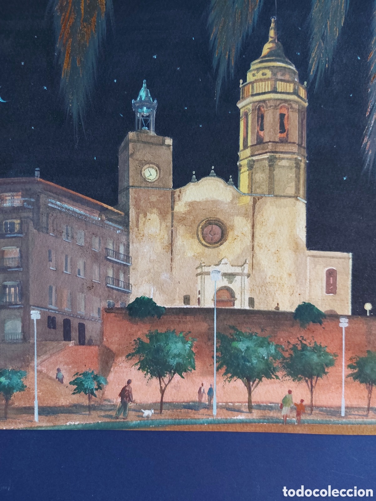Arte: MIQUEL FERRER &rdquo;PANORAMICA NOCTURNA DE LA IGLESIA DE SITGES&rdquo; ACUARELA 1995