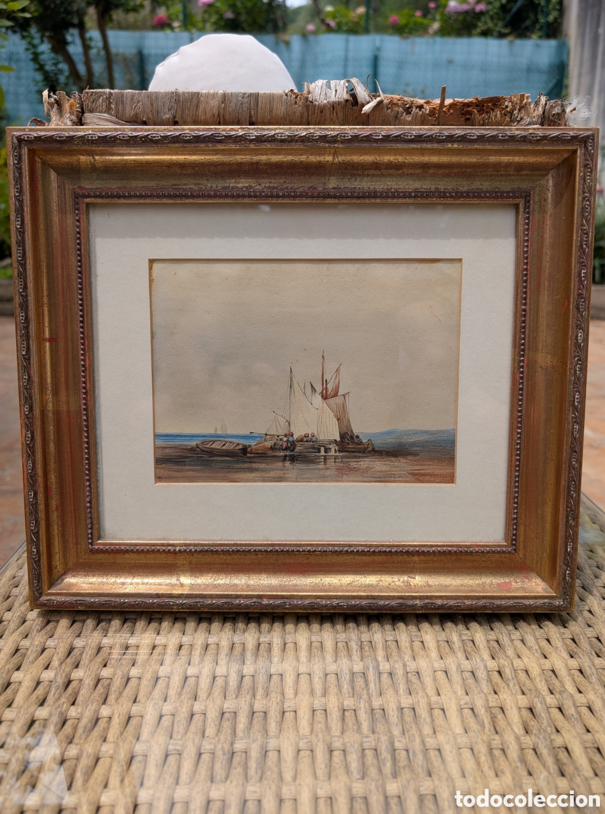 Arte: Acuarela antigua barco varado - A.B.