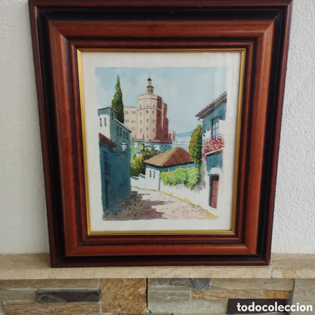 Arte: Acuarela firmada Hern&aacute;n -Jos&eacute;. Vista del Hotel Alhambra Palace desde el Albayzin, Granada, 1967