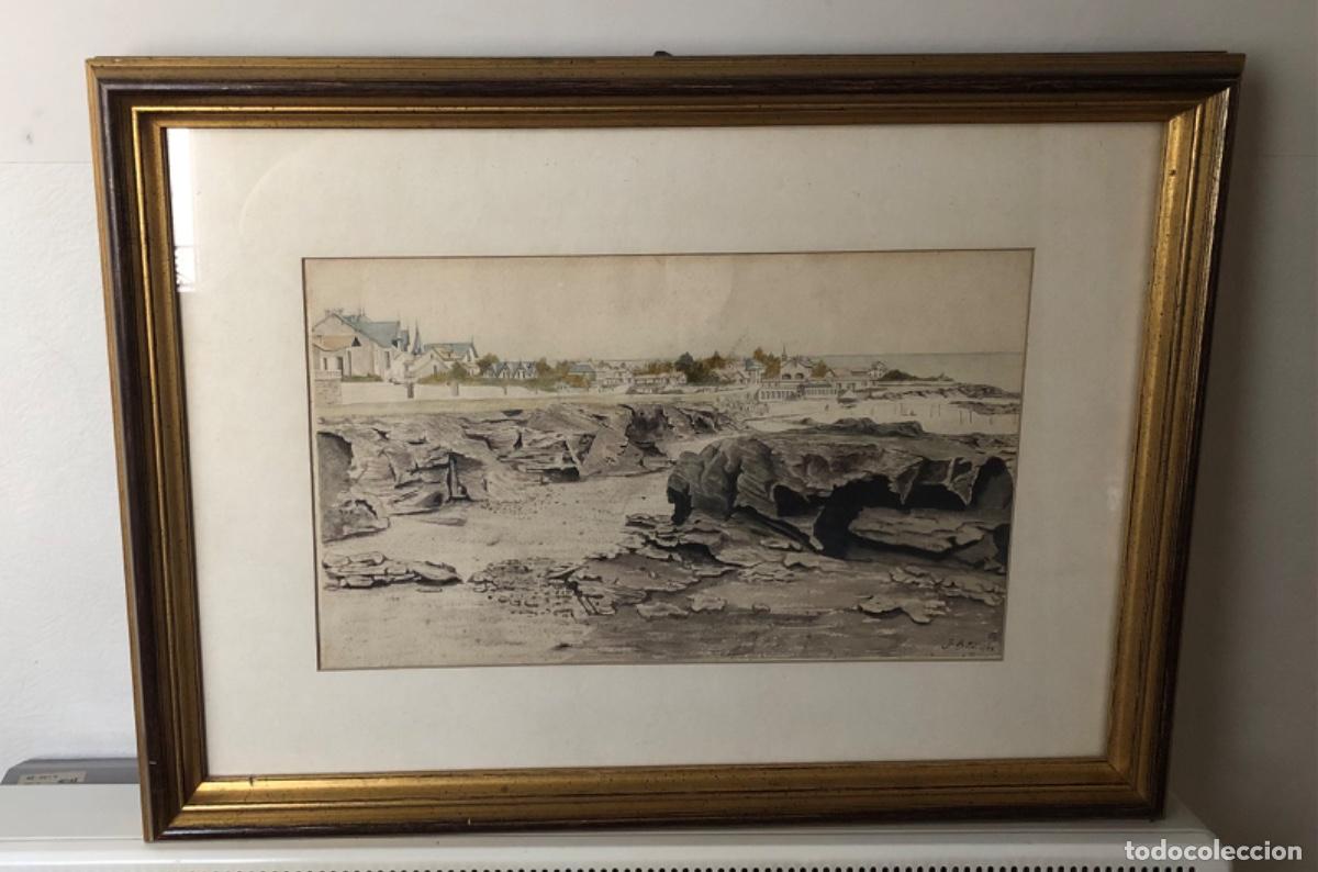 Art: Fant&aacute;stica acuarela vista de Biarritz firmada por J. Bota 1885