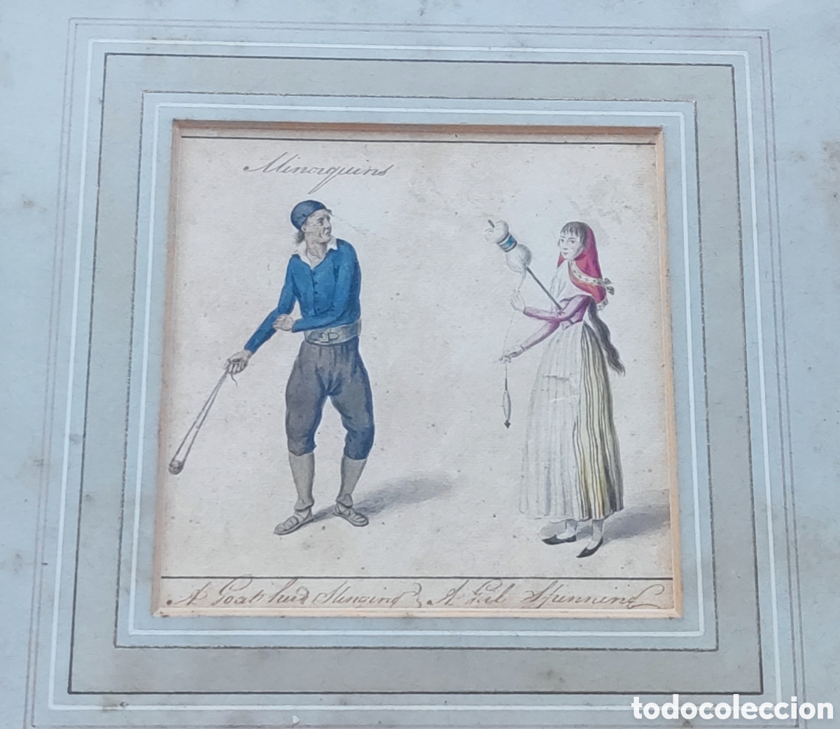 Arte: Oficios. Menorca. Acuarela. Original. Siglo XVIII. Ingleses. Hondero. Hilandera. Mah&oacute;n. Ciutadella.