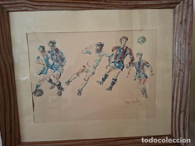 Arte: Cuadro dibujo de Antonio Valls Bordoy 1971 f&uacute;tbol Real Madrid Barcelona expuesto en Bienal Ol&iacute;mpica.