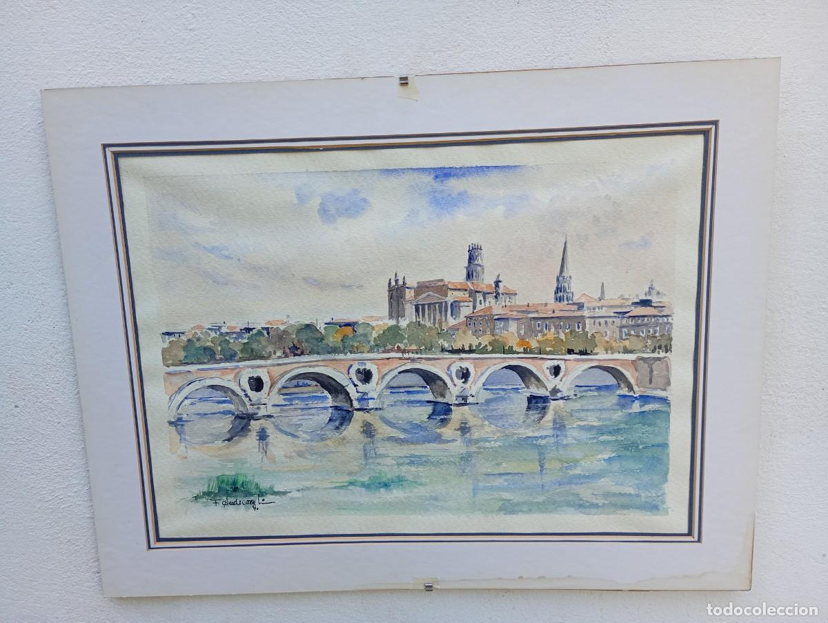 Arte: Acuarela original de Toulouse, rio garona y puente Francia, firmada y fechada 1991