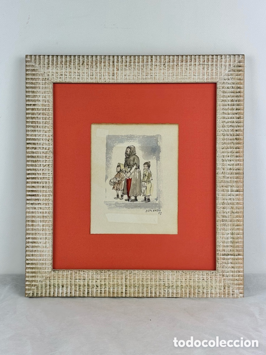 Arte: JUAN ESPLANDIU PE&Ntilde;A - ACUARELA - FAMILIA EN INVIERNO - A&Ntilde;O 1953