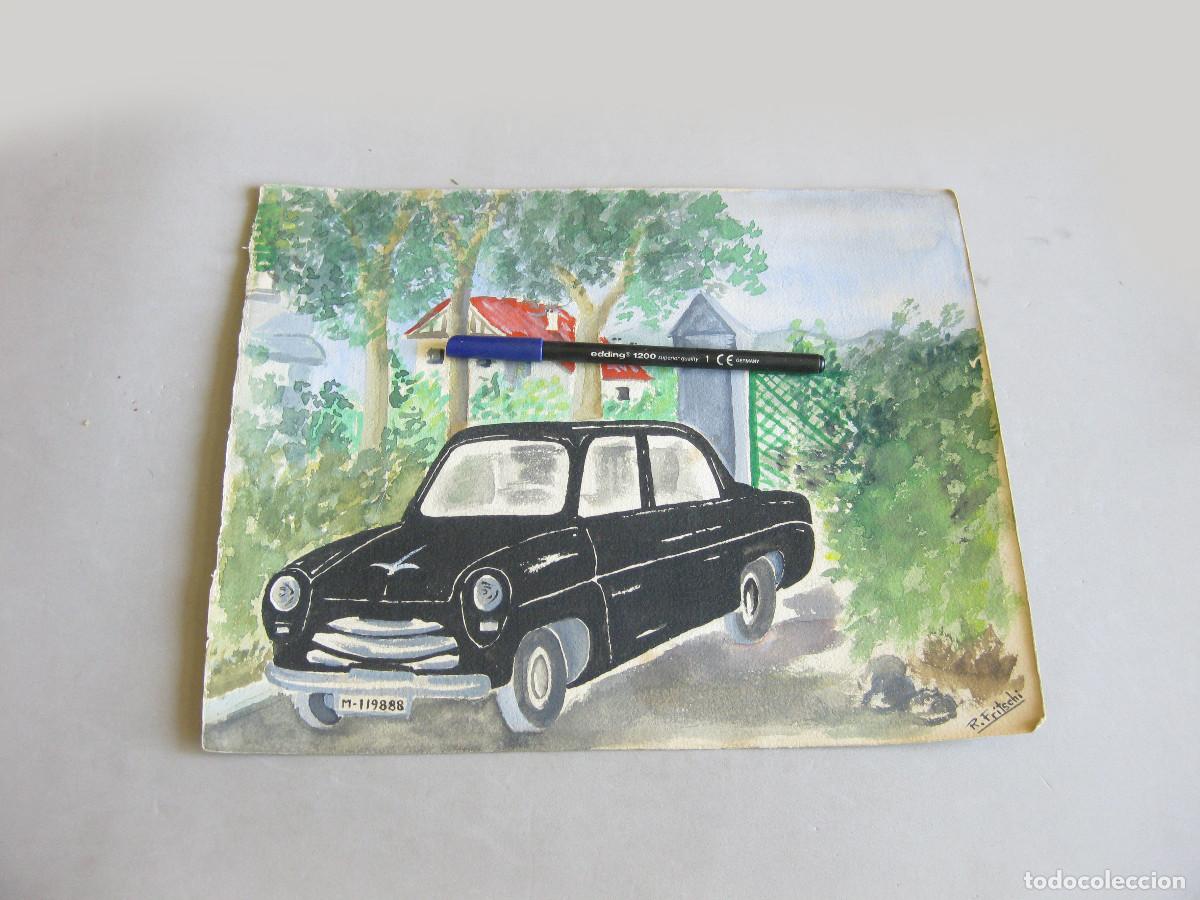 Arte: DIBUJO ORIGINAL EN ACUARELA DE UN AUTOMOVIL POSIBLEMENTE RENAULT FREGATE. R. FRITSCHI