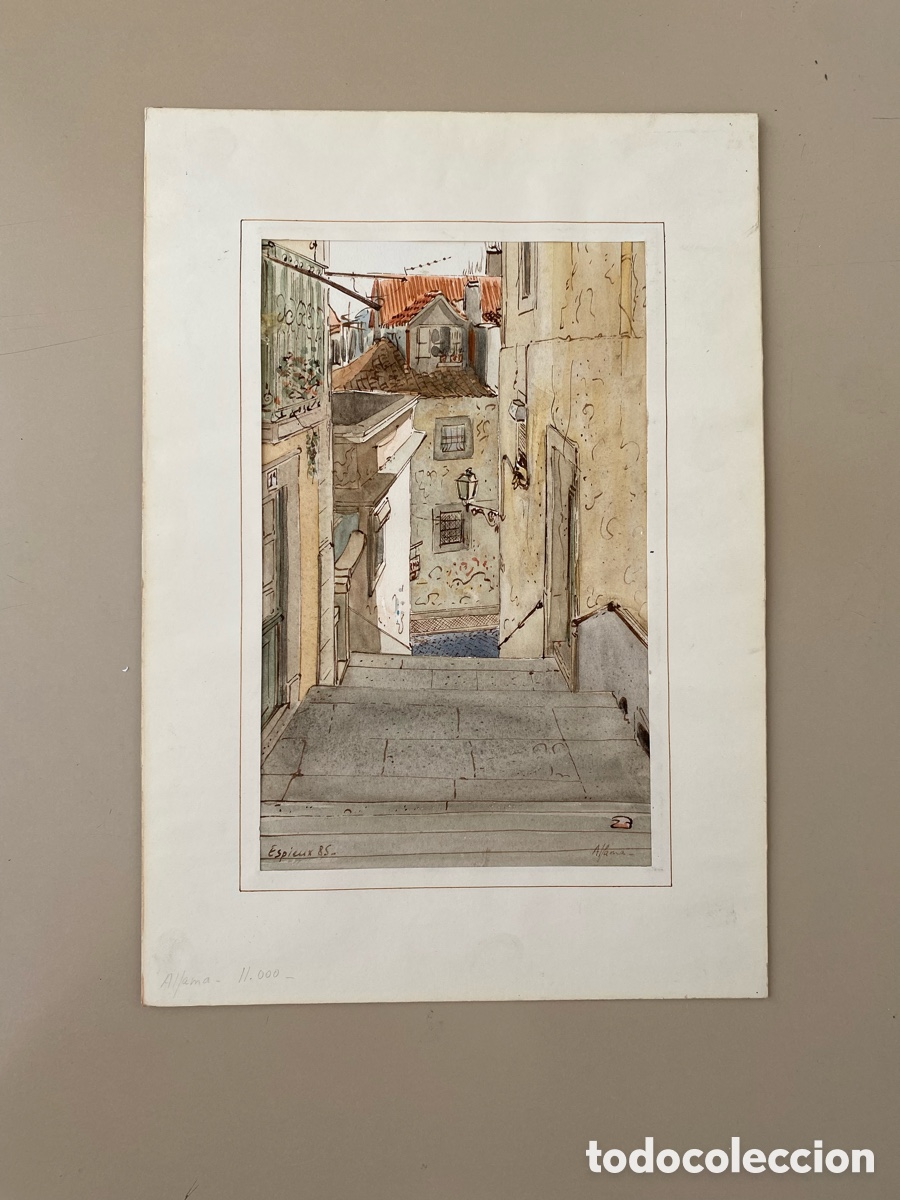 Arte: Acuarela y Tinta Original de Jean-Christophe Espieux - &rdquo;Alfama, Lisboa&rdquo; (1985)